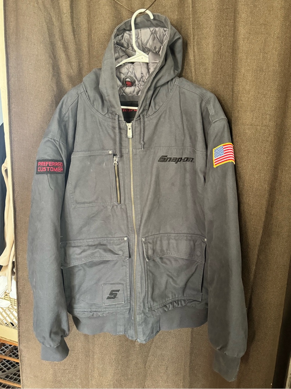 Snap-on Men's Gray Hooded Work Jacket - Lightweight Quilted Lining